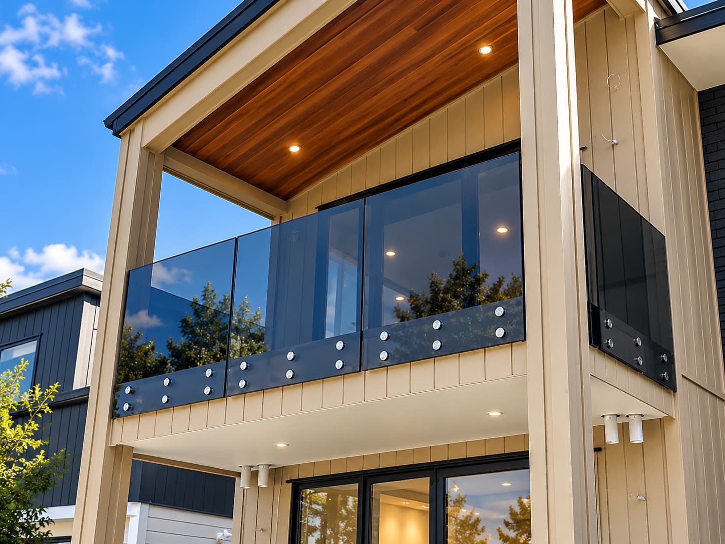 Glass balustrade along a timber balcony overlooking a garden