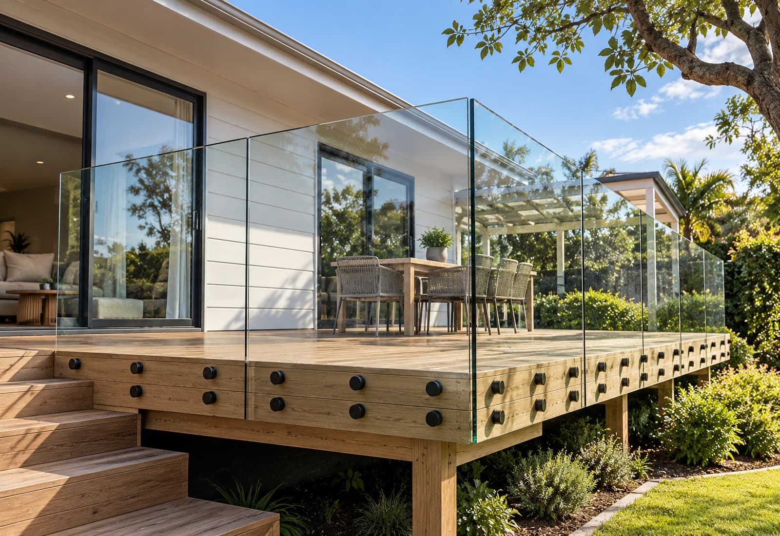 Black standoffs on timber deck
