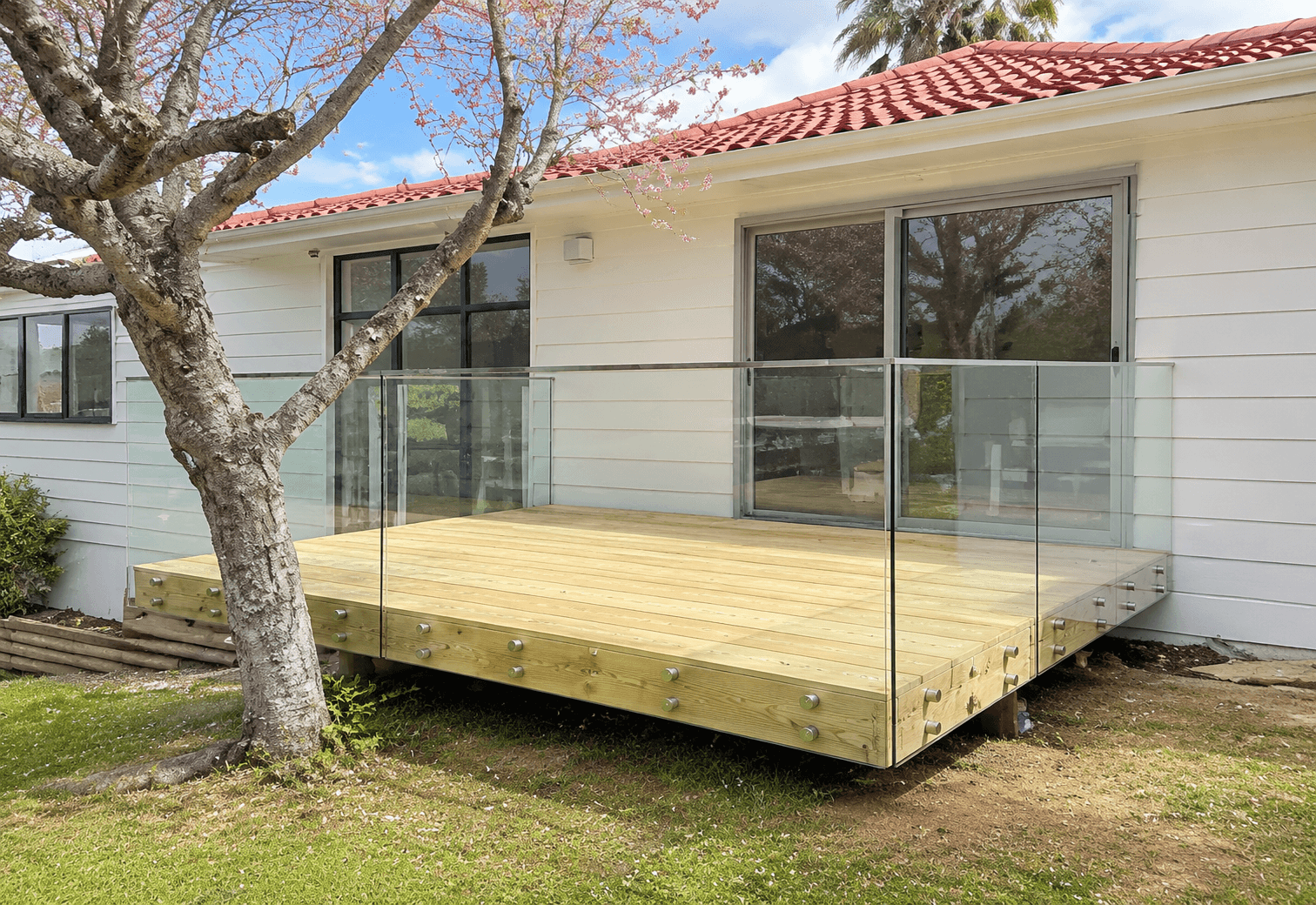 Glass deck balustrade with silver standoffs