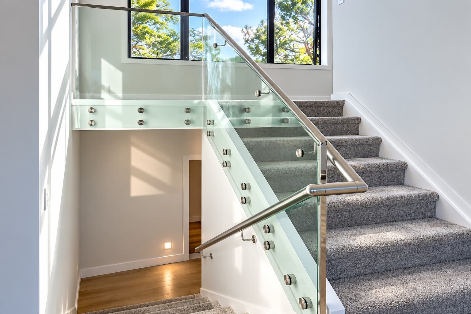 Custom glass panels fitted along a staircase