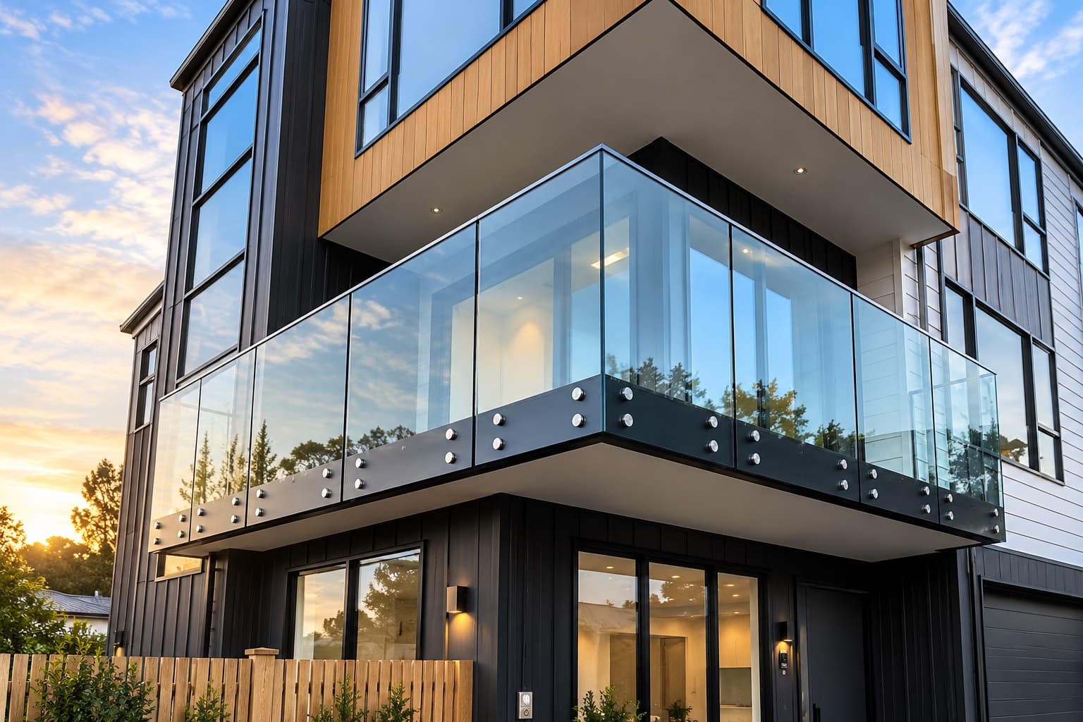 Exterior glass balustrade with a dark base on a modern home