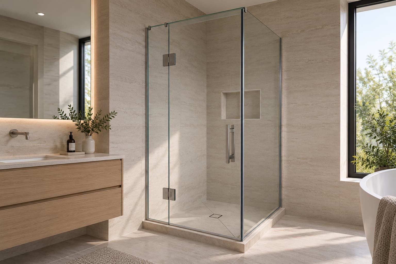 Frameless glass shower enclosure in a modern neutral bathroom